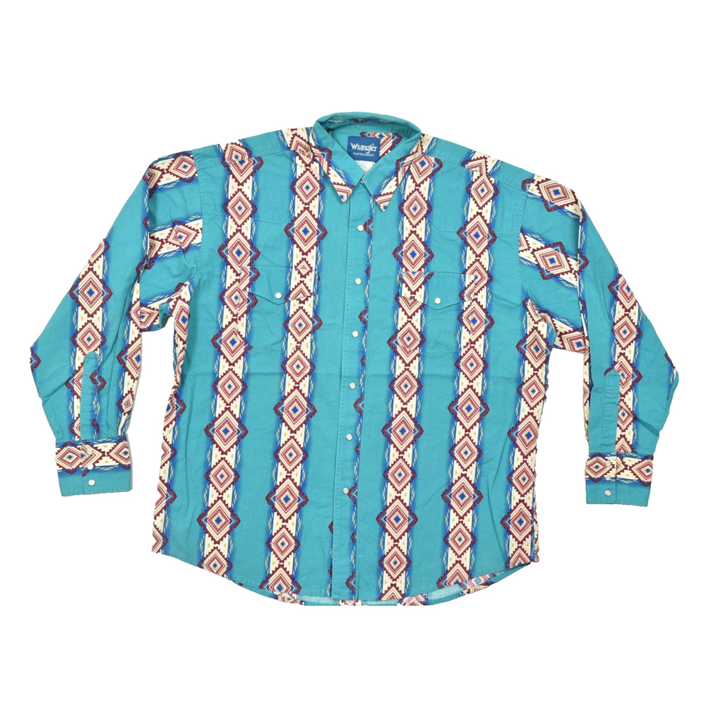 Wrangler Western Shirt Mens Large VTG Teal Aztec Geometric Pearl Snap Long Sleev
